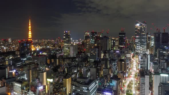 Time Lapse of the densely packed Tokyo Japan skyline shot at night