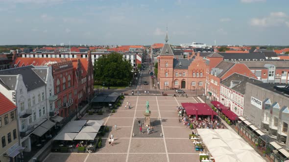 Flight Over Torvet Square in Esbjerg Denmark with the Statue of Christian IX and the Kommune the