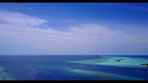 Aerial drone nature of idyllic sea view beach journey by blue sea with white sand background of jour