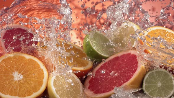 Slow Motion Shot of Citrus Fruits and Water Splashing Through Lemon Lime Grapefruit Slices