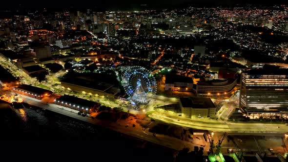 Night landscape of illuminated colorful ferris wheel at Rio de Janeiro Brazil