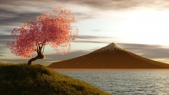 Pink Tree on Top of a Hill Overlooking the Sea and the Mountain