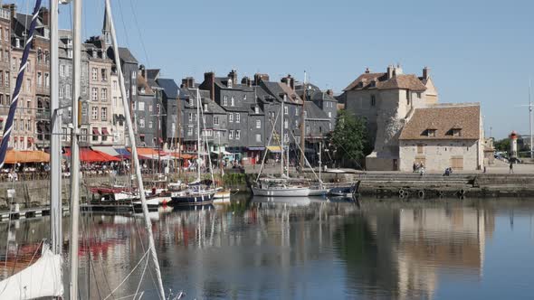 HONFLEUR, FRANCE - SEPTEMBER 2016 Beautiful  French Normandy Vieux Bassin port water reflections and