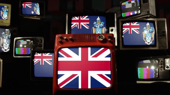 Flags of Tristan da Cunha and UK Flag on Retro TVs.