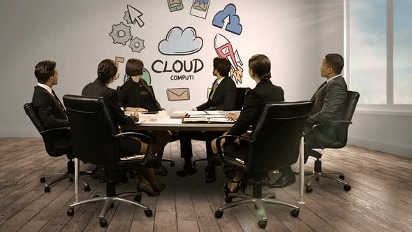 Business people looking at digital screen showing cloud computing