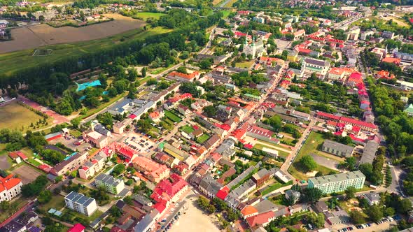 Landscape of the old town from the air with the visible. View on historic buildings on the market. L