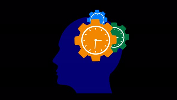 Blue Color Gear Head Clock Isolated Animated On Black Background
