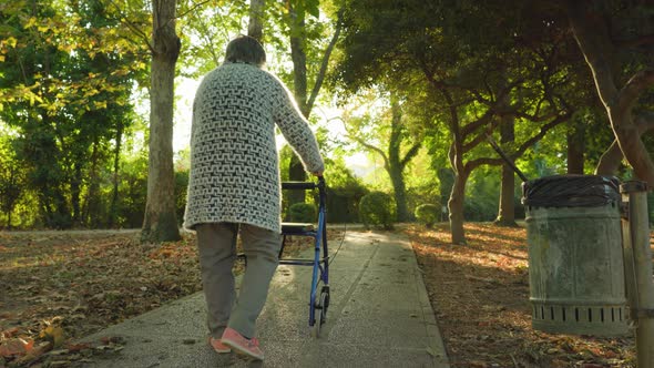 Old Woman Walks Around Park Using Wheelchairwalker