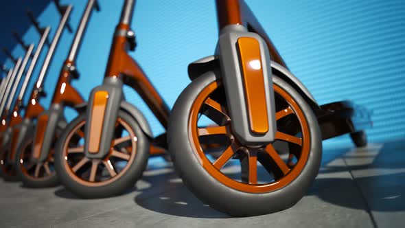 Modern, glamour, electric scooters standing in a row. Looping animation. 4KHD