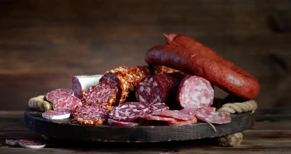 Various Types of Salami on the Tray Is Slowly Rotating. 