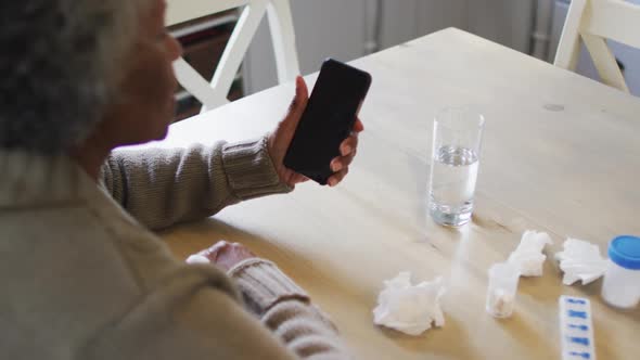 Senior african american woman having a videocall on smartphone at home