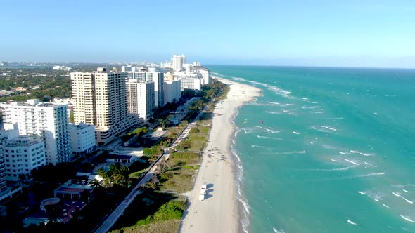 Waterfront Hotels And Condos Of The Famous Miami Beach In Florida, United States. aerial