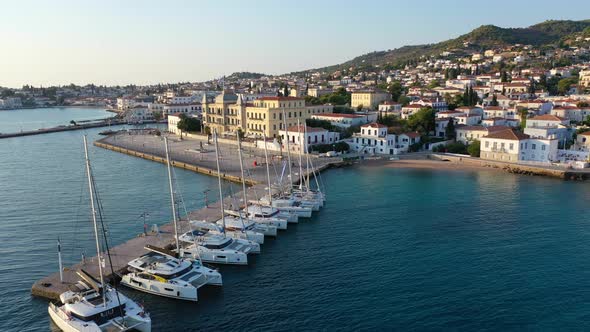 Aerial View of Spetses Old Town and Marina or Seaport Greece  Drone Videography