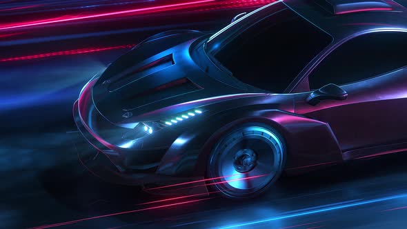 A Dark Sports Car Driving Fast on Highway With lights trails and Reflects. 3D animation shot