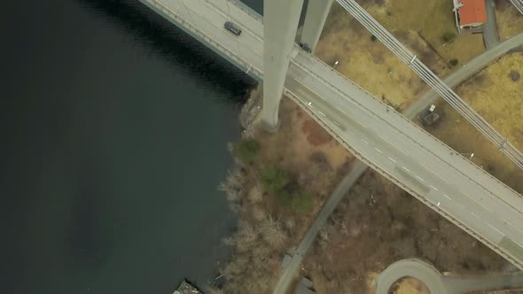 A Drone Shot Flying Directly Over a Suspension Bridge in Bergen, Norway, Birds Eye View