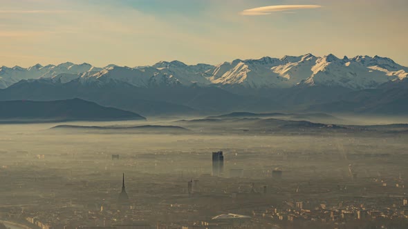 Aerial View Of The City Of Turin in the fog