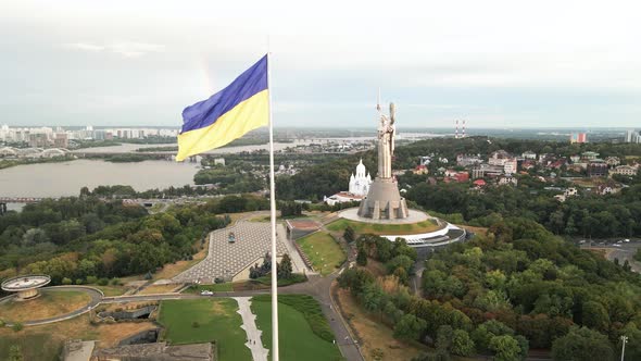 Kyiv - National Flag of Ukraine By Day. Aerial View. Kiev. Slow Motion