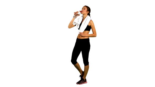 Sporty Muscular Woman Drinking Water, White Background