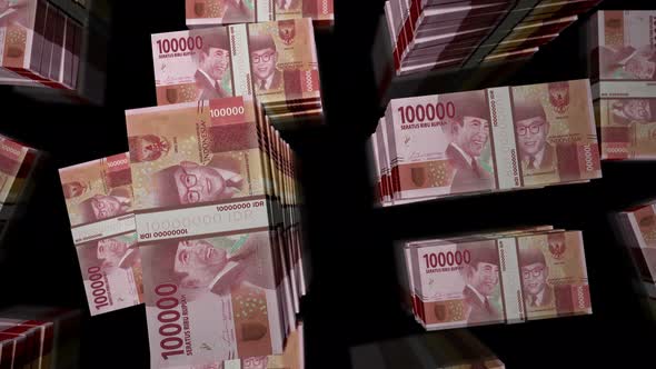 Flight over the Indonesian Rupiah money banknote packs loop