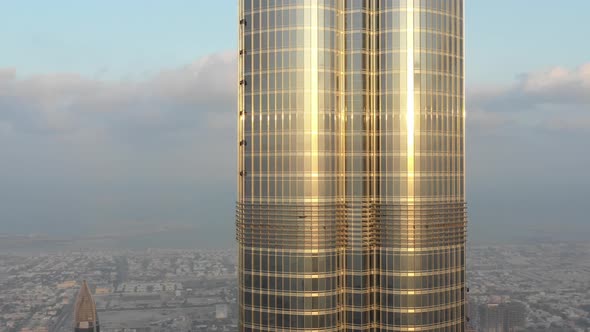 Aerial view of sun reflection on Burk Khalifa skyscraper, Dubai, U.A.E.