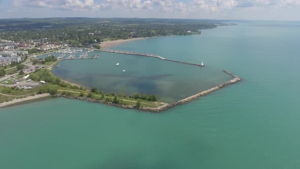 aerial boat harbour in cobourg canada 4k