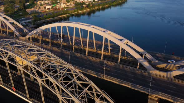 Highway Road and Railway Bridges Above the River