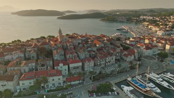 Aerial Sunrise View of Korcula Old Town on Korcula Island Croatia