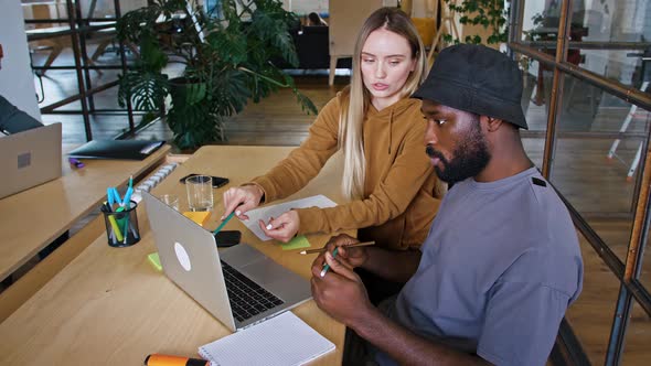 Black Guy and Blonde Woman Discussing Project Variants Making Business Presentation for Client