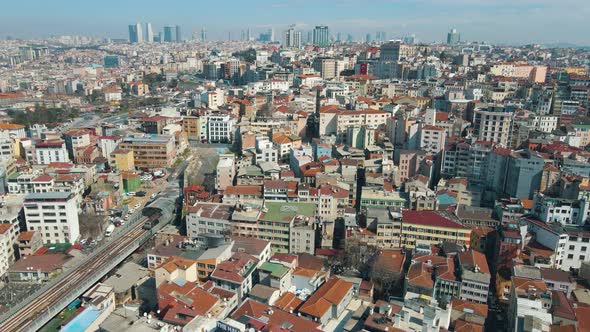 Aerial drone forwarding shot over city of Istanbul, Turkey as residential and office buildings at da