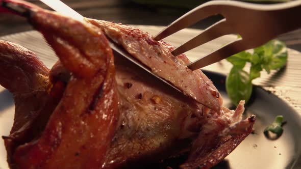 Super Closeup View of a Fork Taking a Piece of Delicious Fried Quail