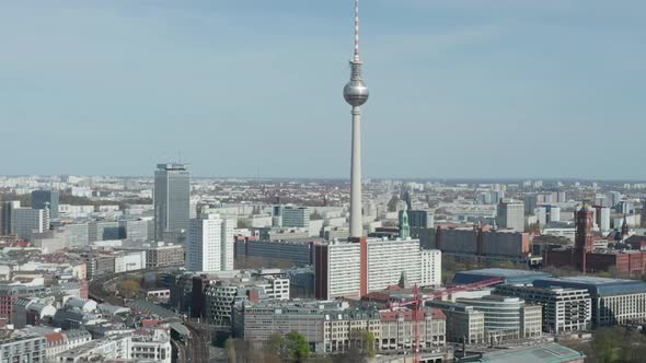 AERIAL: Wide View of Empty Berlin, Germany Alexanderplatz TV Tower with Almost No People or Cars on