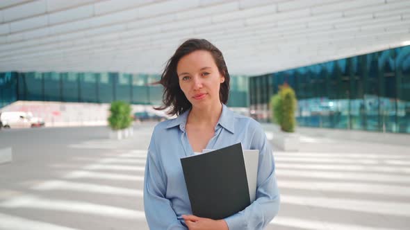 Businesswoman Successful Woman Business Person Walking Outdoor Corporate Building Exterior Excited