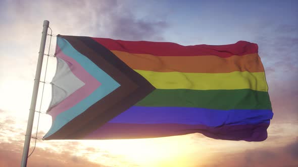 Progress LGBT Flag Waving in the Wind Sky and Sun Background