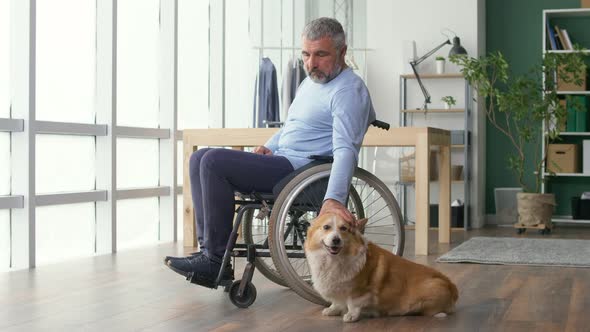 Depressed Middleaged Man Sits in a Wheelchair By the Window Petting His Dog