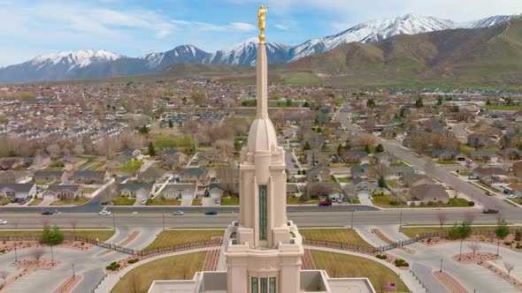 Aerial Backwards Reveal from LDS Mormon Payson Utah Temple