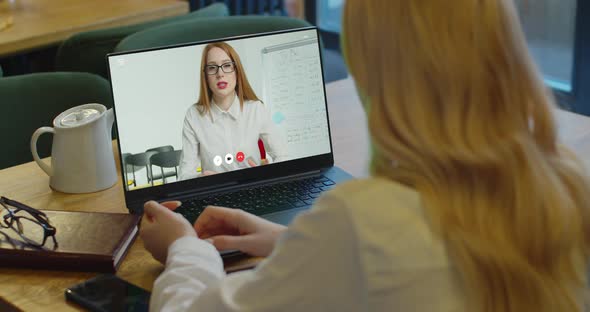 Woman Studying at Home Office Online By Conference Video Call Laptop Speak Communicates Teacher