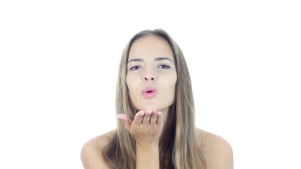 Flying Kiss by Young Beautiful Woman, White Background