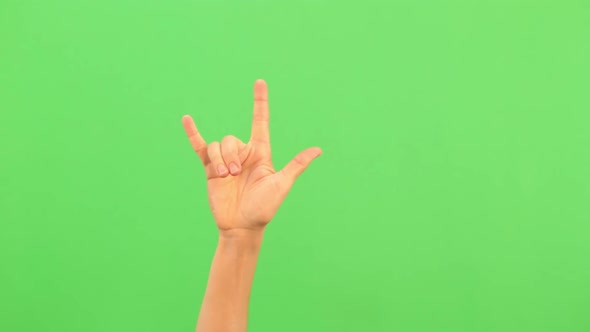 Sign of the Horns. A Rock on Hand Gesture. Heavy Metal. Chromakey. A Green Screen. Isolated. Real