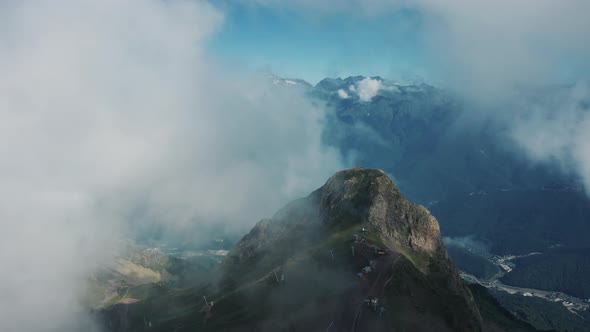 Aerial view; drone moving over the Aibga ridge, Krasnaya Polyana