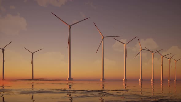 3D animation of offshore wind turbines at sunset. Wind Farm, renewable energy.