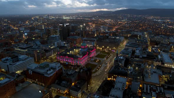 Belfast city centre aerial flyover. River Lagan