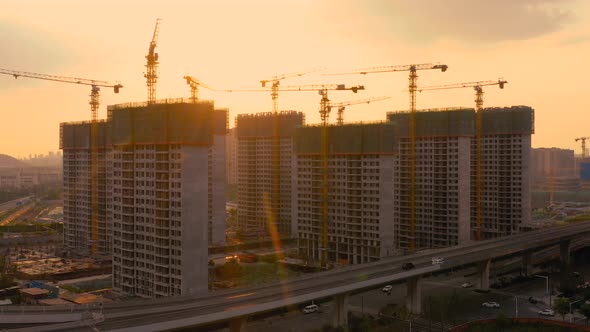 Aerial of construction site at sunset