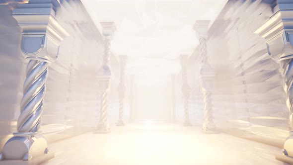 An Empty Corridor With Shiny Palace Columns And Fog In The Background 4k