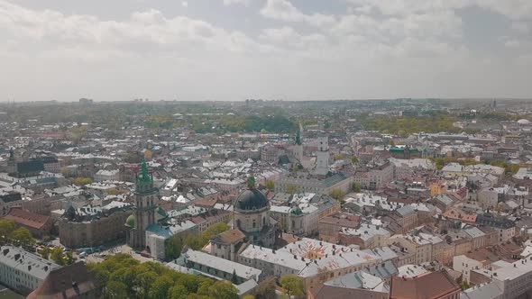 Lvov, Ukraine. Aerial City Lviv, Ukraine. Panorama of the Old Town. Dominican