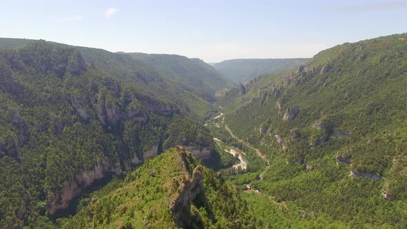 Aerial travel drone view of Gorges du Tarn and the Tarn River, Southern France.