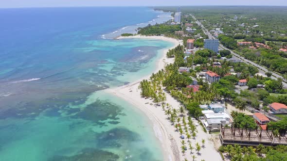 Aerial View Of Tropical Beach And Holiday Hotels At Juan Dolio In San Pedro de Macoris, Dominican Re