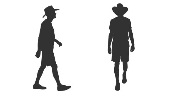 Silhouette of Young Man Walks in Shorts and Cowboy Hat, Alpha Channel