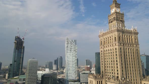 Aerial view of Palace of Culture and Science and downtown Warsaw at sunny day.