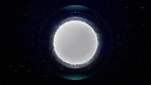 High tech sun surface in deep space with hologram. Futuristic flaming white star with HUD interface alt