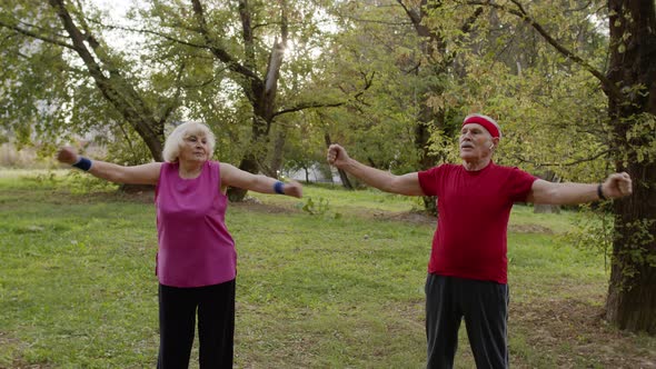 Active Senior Couple Doing Morning Stretching Physical Exercises in Park. Fitness Family Leisure